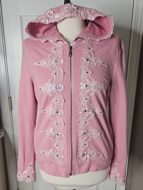 Vertigo Paris Jackets & Blazers - Vertigo Paris Pink Lace-Trim Hooded Zip Jacket Large